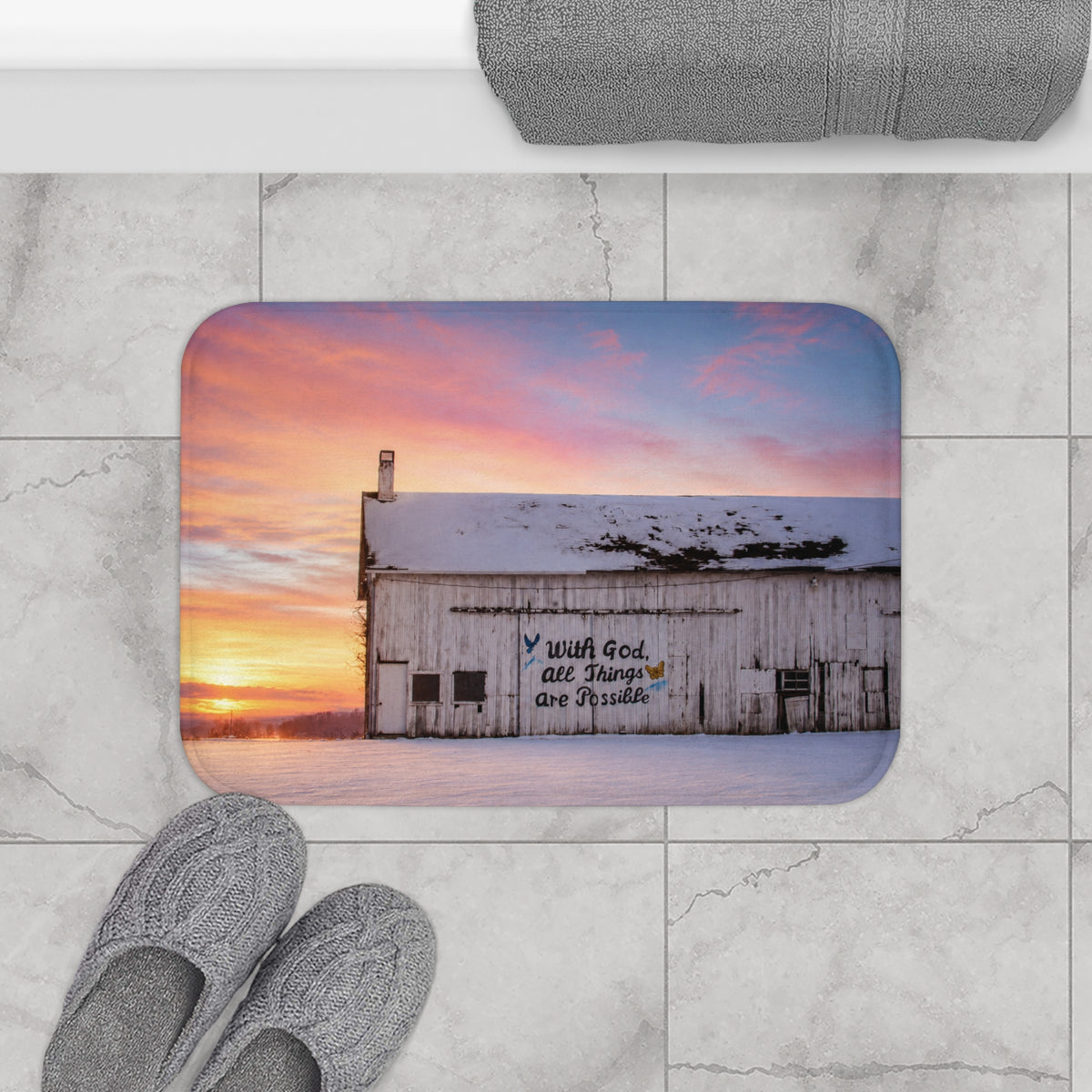 Rustic Sunrise Bath Mat — 'With God, All Things are Possible' Barn Decor