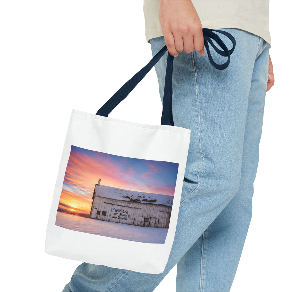 Tote — Snowy Barn Sunrise Photo Tote Bag
