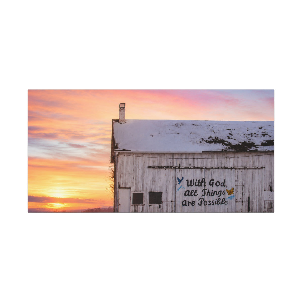 Sunrise Barn Canvas – “With God, All Things Are Possible” Stretched Wall Art