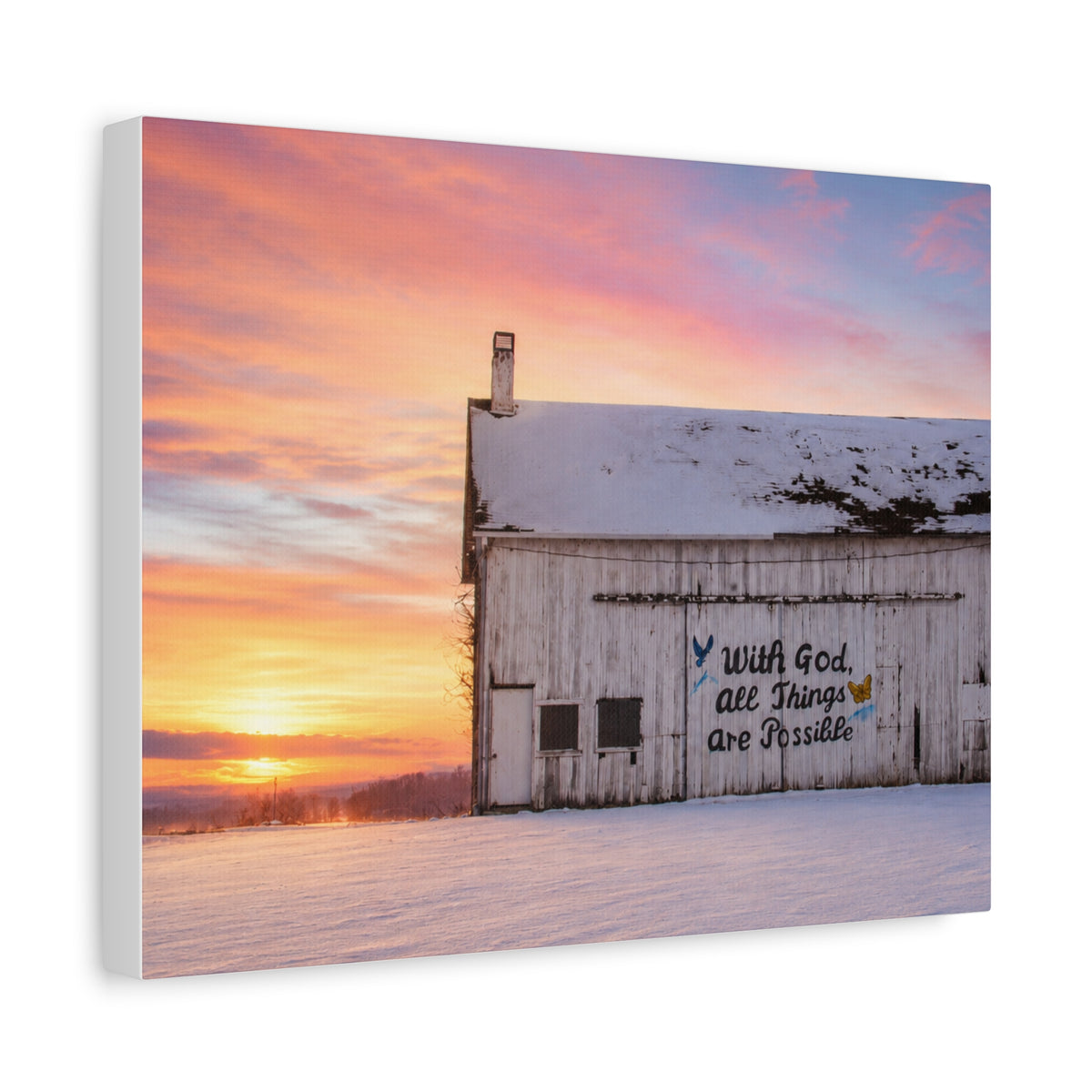 Sunrise Barn Canvas – “With God, All Things Are Possible” Stretched Wall Art
