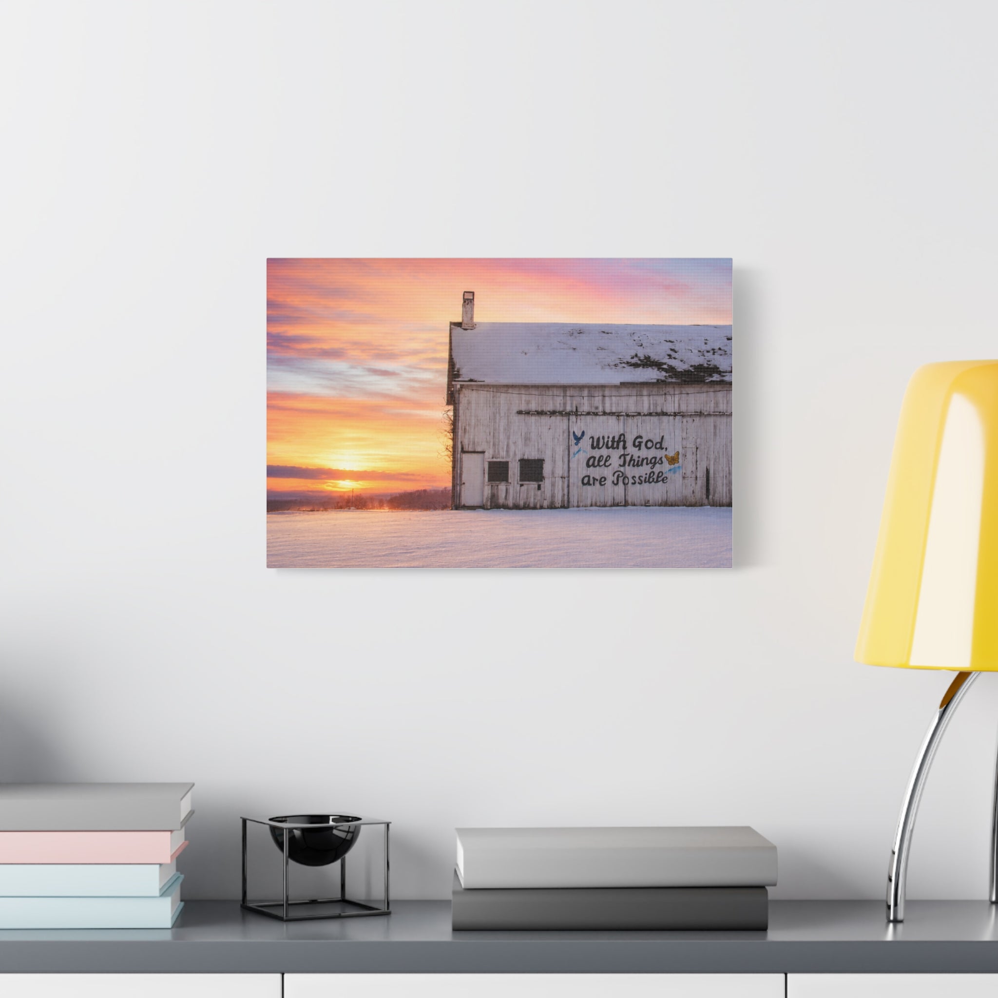 Sunrise Barn Canvas – “With God, All Things Are Possible” Stretched Wall Art