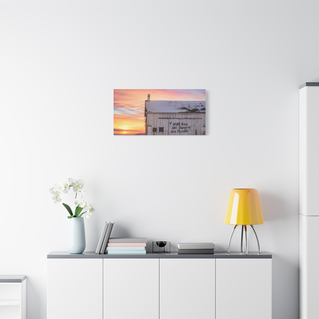 Sunrise Barn Canvas – “With God, All Things Are Possible” Stretched Wall Art