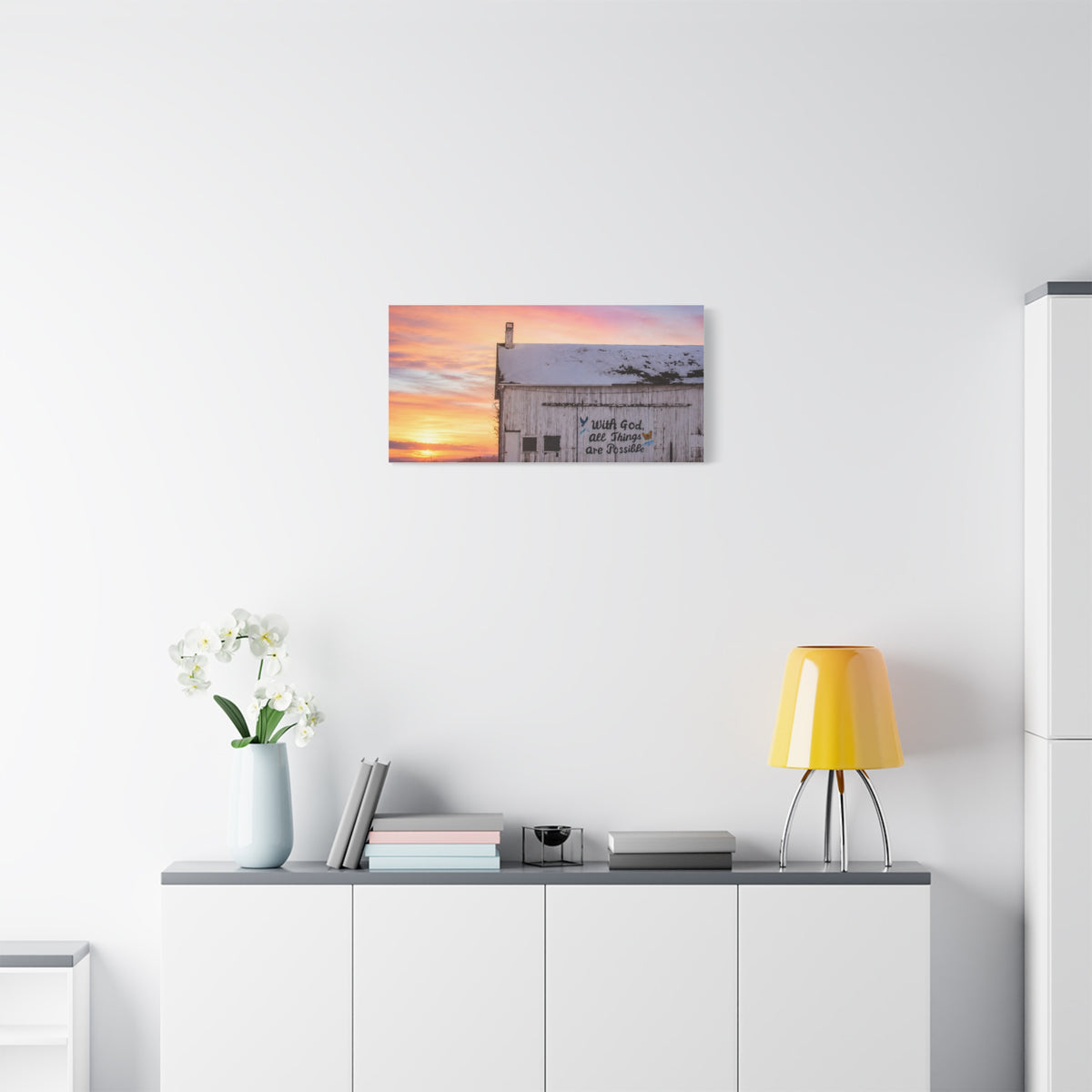 Sunrise Barn Canvas – “With God, All Things Are Possible” Stretched Wall Art