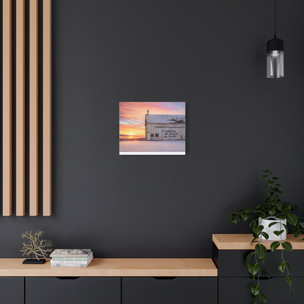 Sunrise Barn Canvas – “With God, All Things Are Possible” Stretched Wall Art