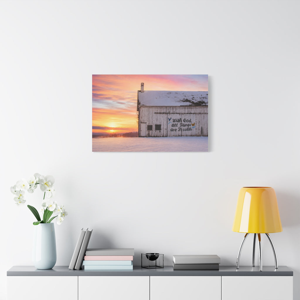 Sunrise Barn Canvas – “With God, All Things Are Possible” Stretched Wall Art