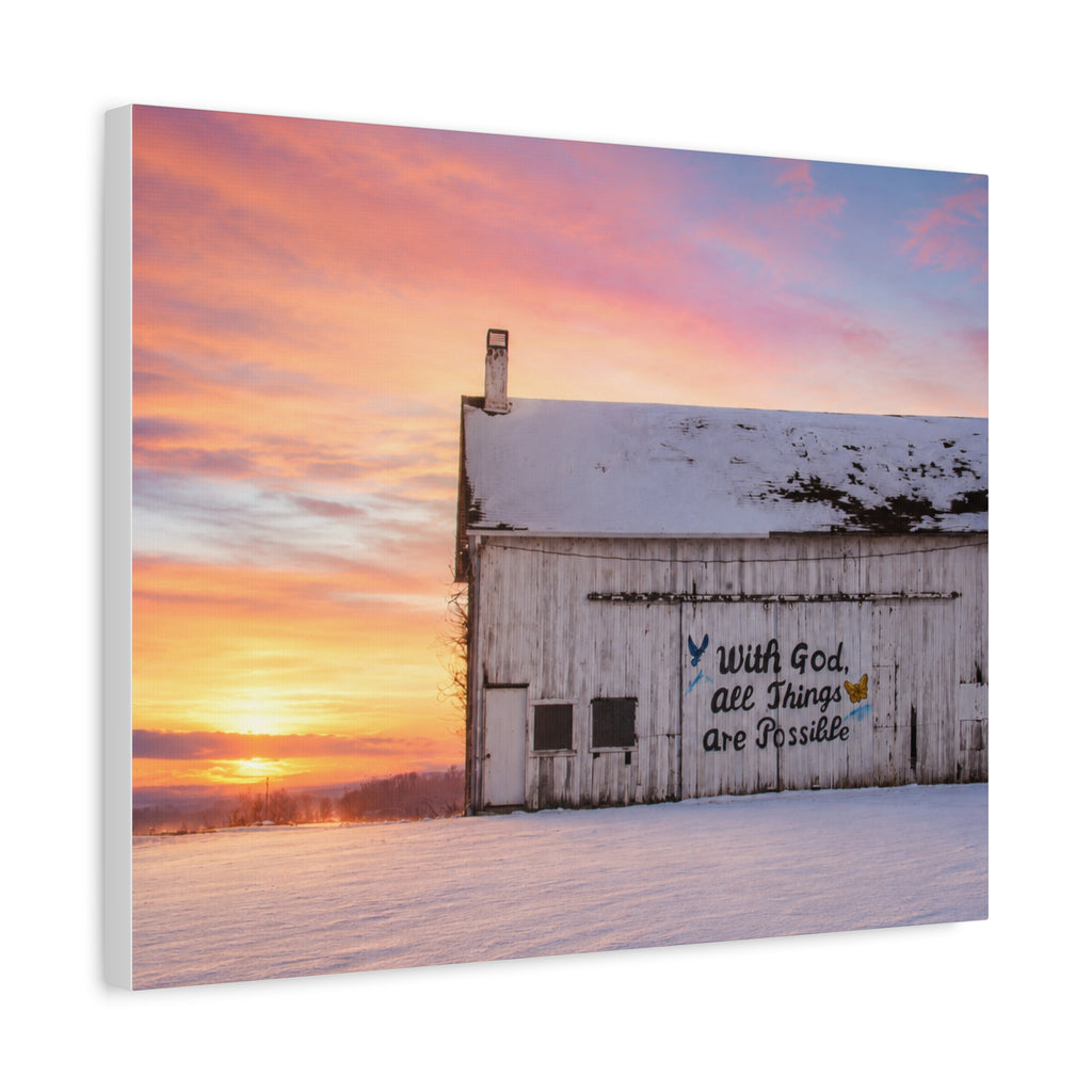 Sunrise Barn Canvas – “With God, All Things Are Possible” Stretched Wall Art