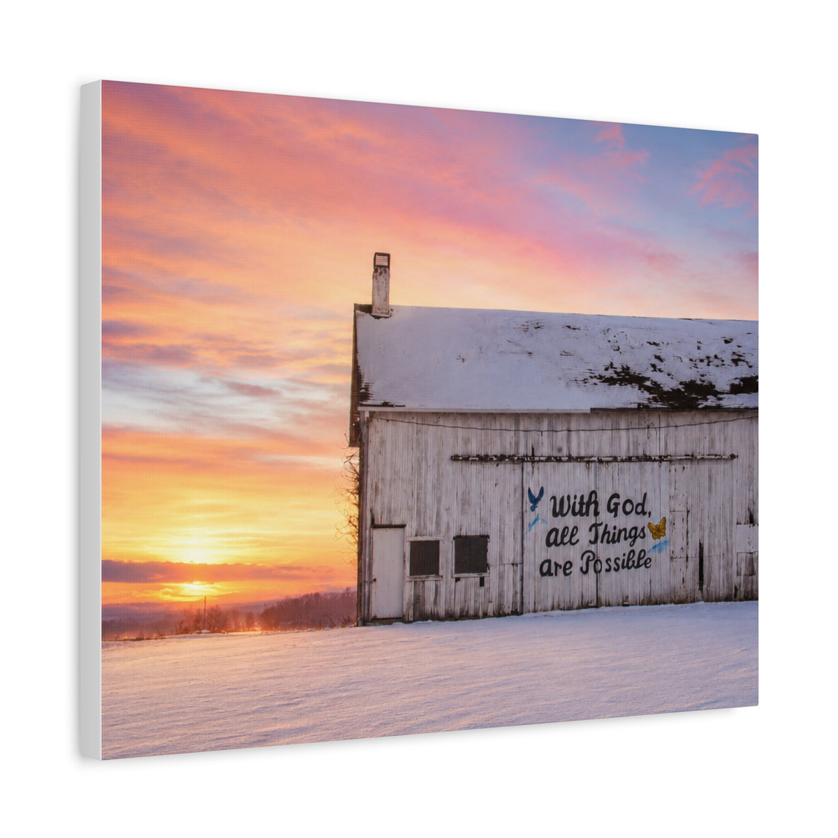 Sunrise Barn Canvas – “With God, All Things Are Possible” Stretched Wall Art