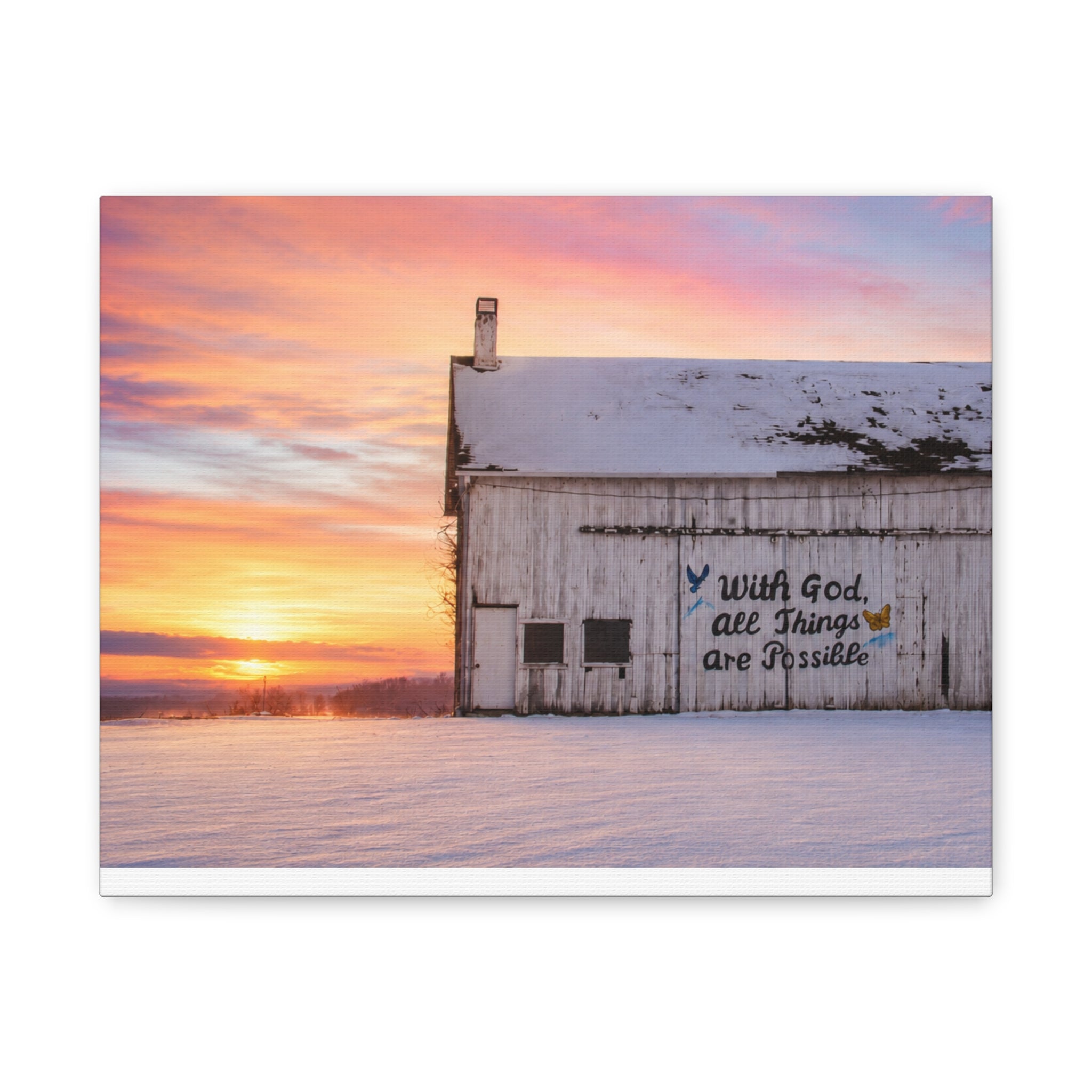 Sunrise Barn Canvas – “With God, All Things Are Possible” Stretched Wall Art