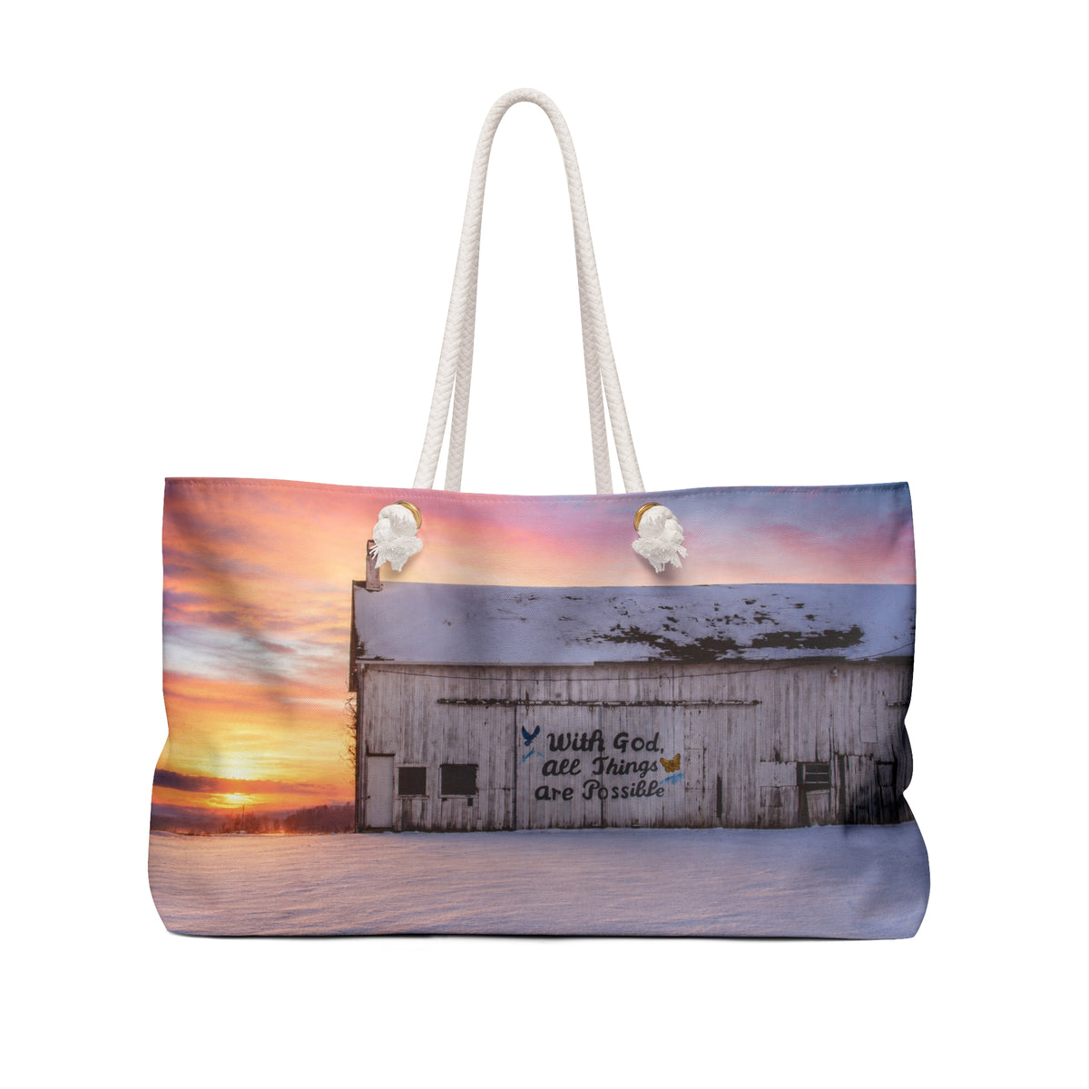Inspirational Sunrise Weekender Bag – 'With God, All Things Are Possible' Travel Tote
