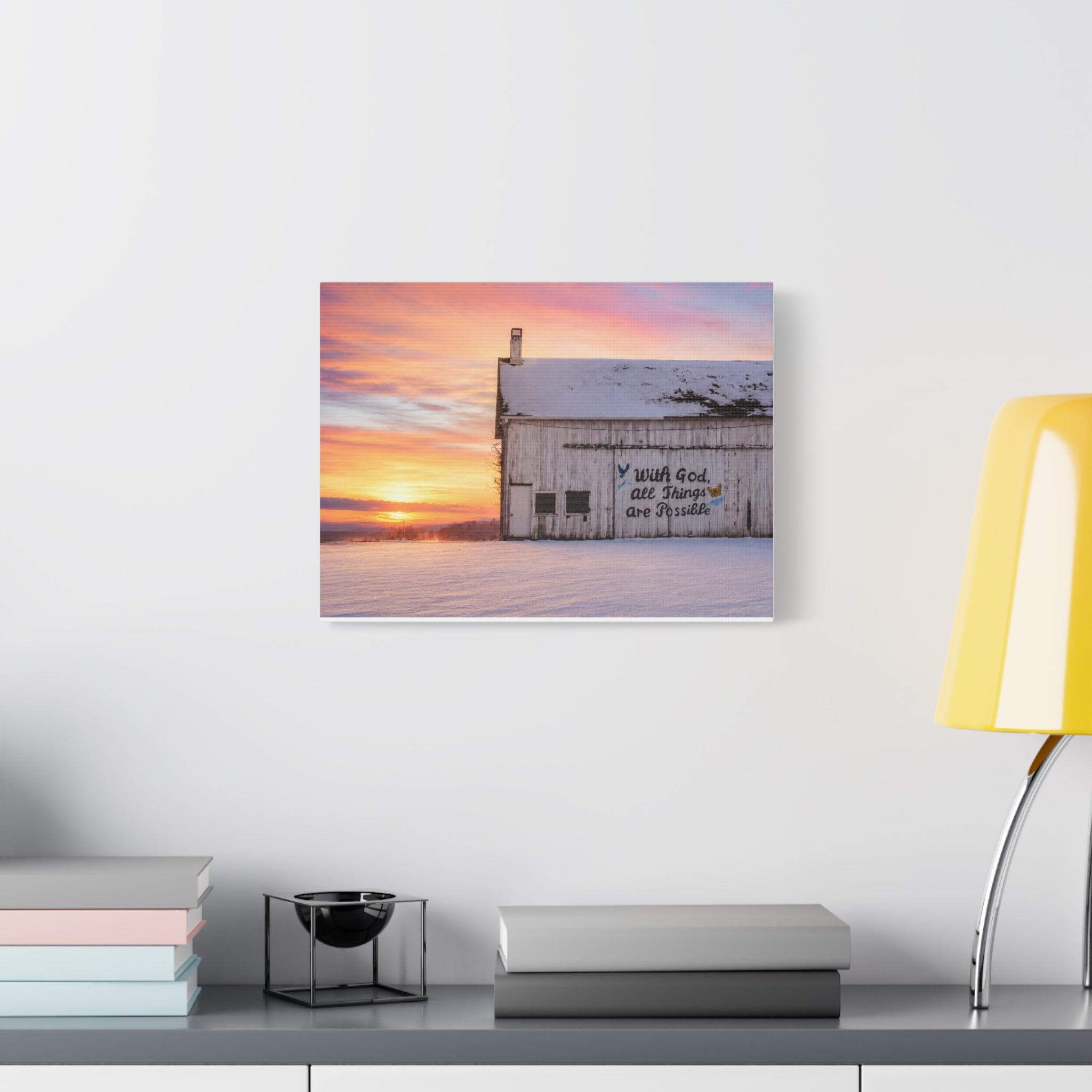 Sunrise Barn Canvas – “With God, All Things Are Possible” Stretched Wall Art