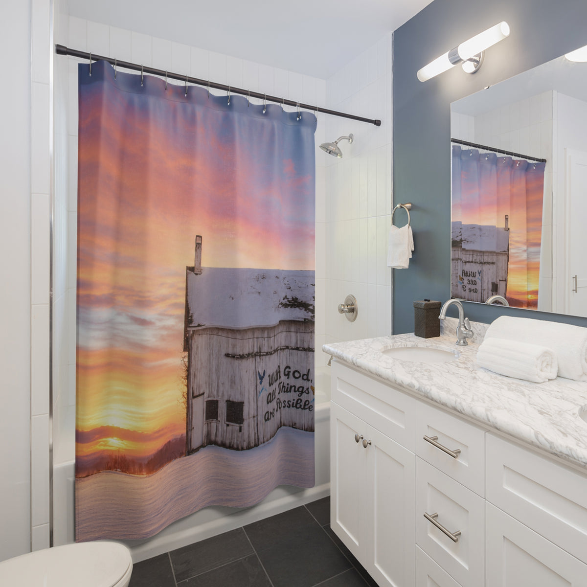 Shower Curtain — Sunrise Barn with 'With God All Things Are Possible' Christian Inspirational Design