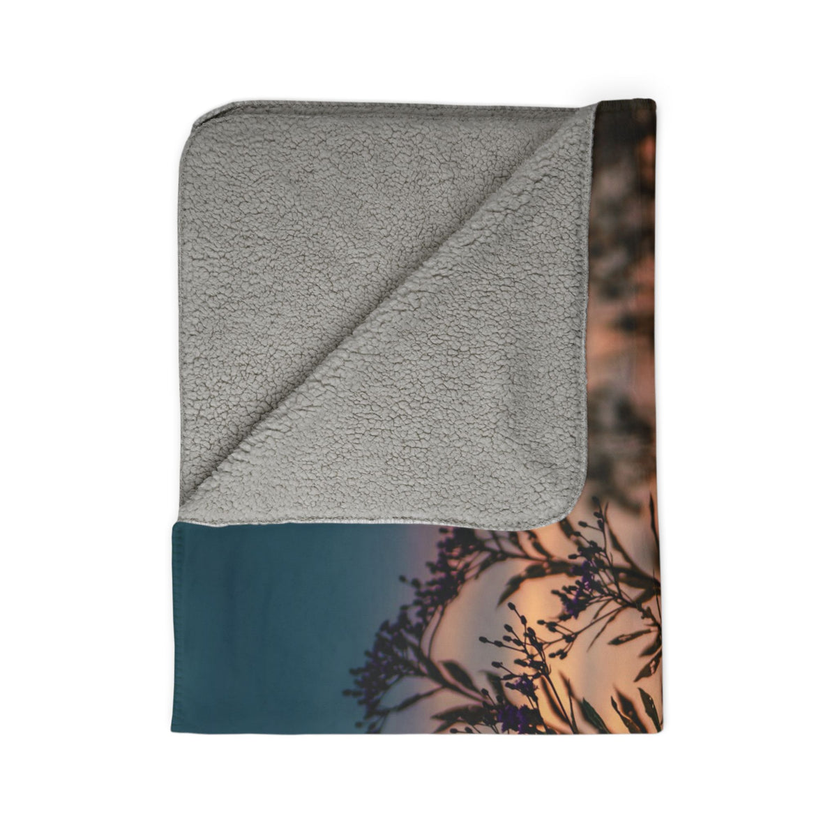 Sunset Meadow Sherpa Blanket — Cozy Fleece Throw with Nature Silhouette