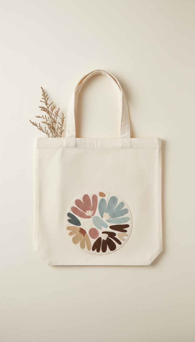 Cotton Tote Bag with Floral Accent
