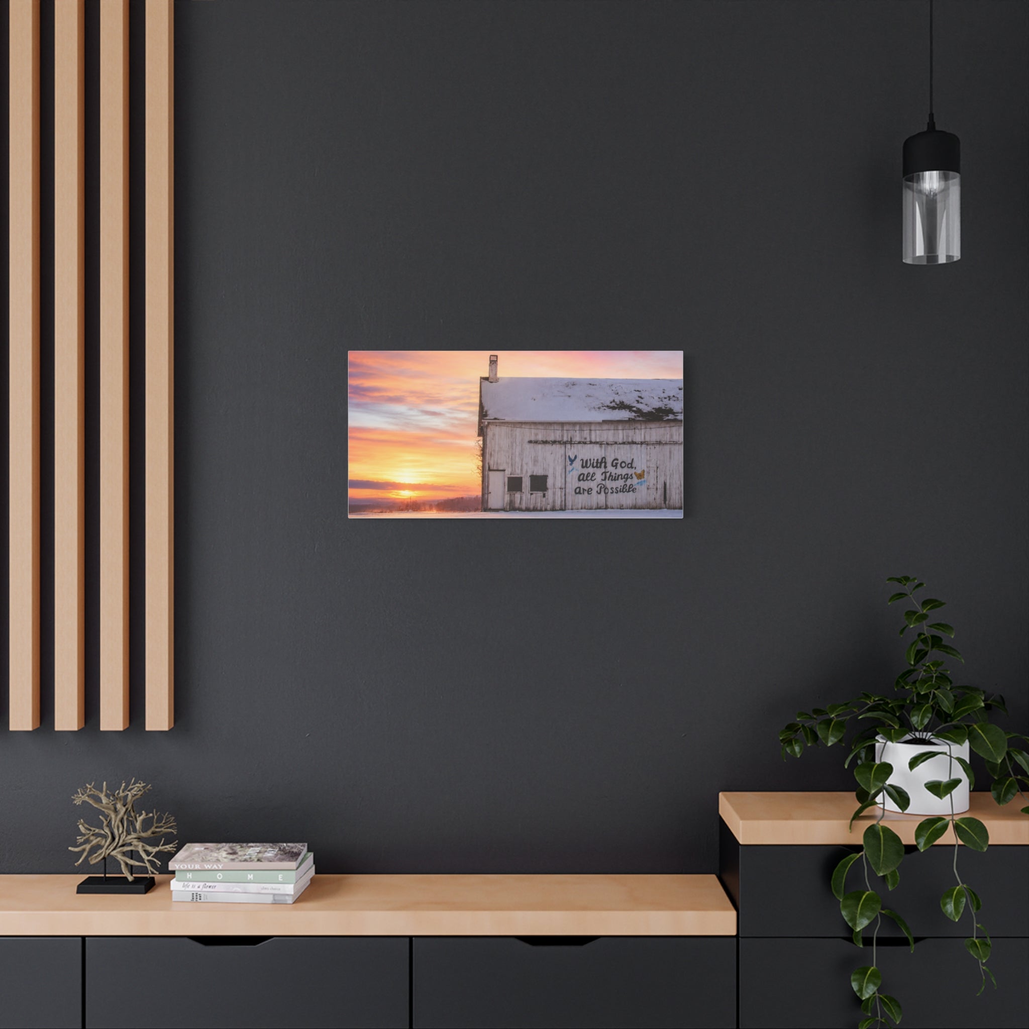 Sunrise Barn Canvas – “With God, All Things Are Possible” Stretched Wall Art