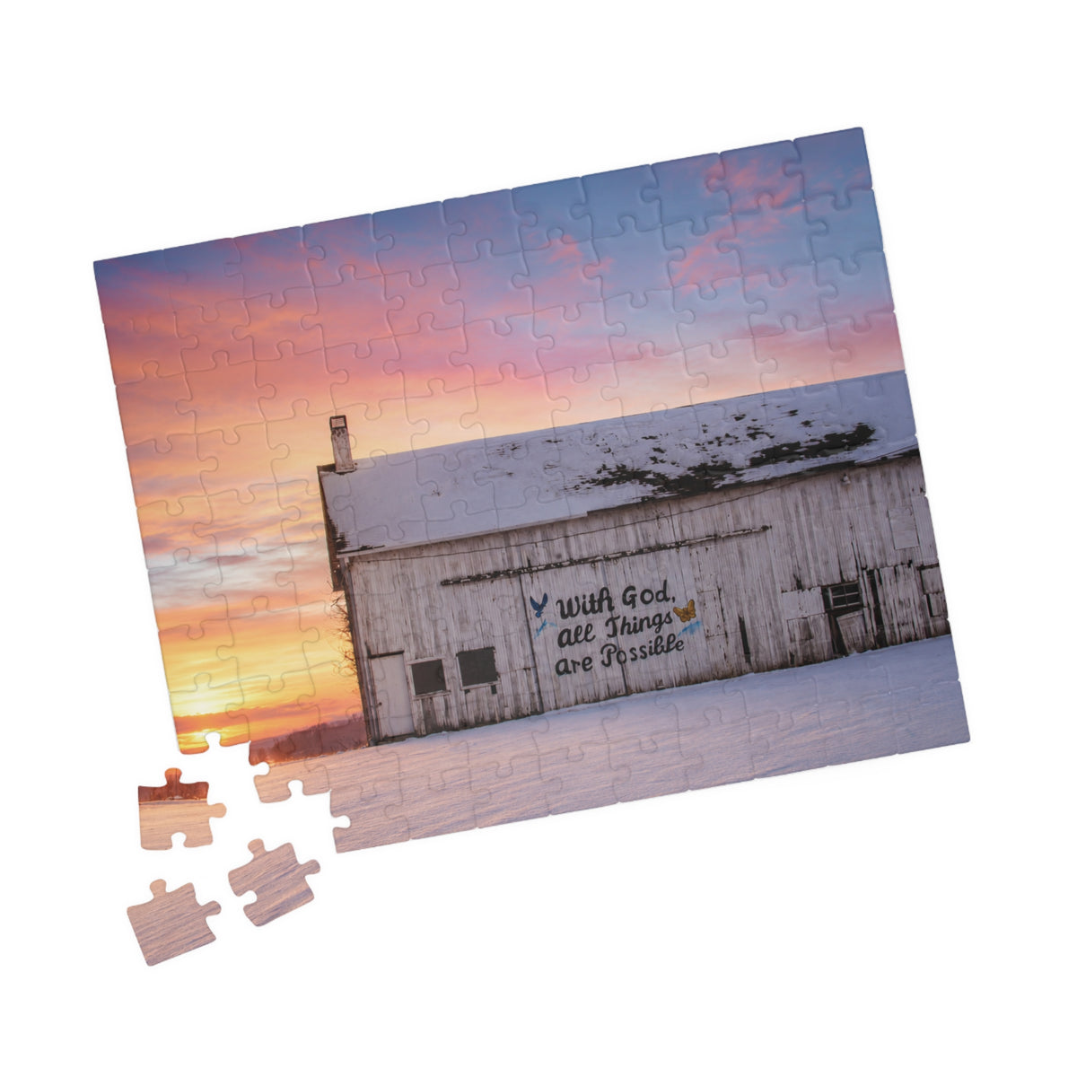 Barn Sunset Puzzle — 'With God, All Things Are Possible' Inspirational Jigsaw (110/252/520/1014 pcs)