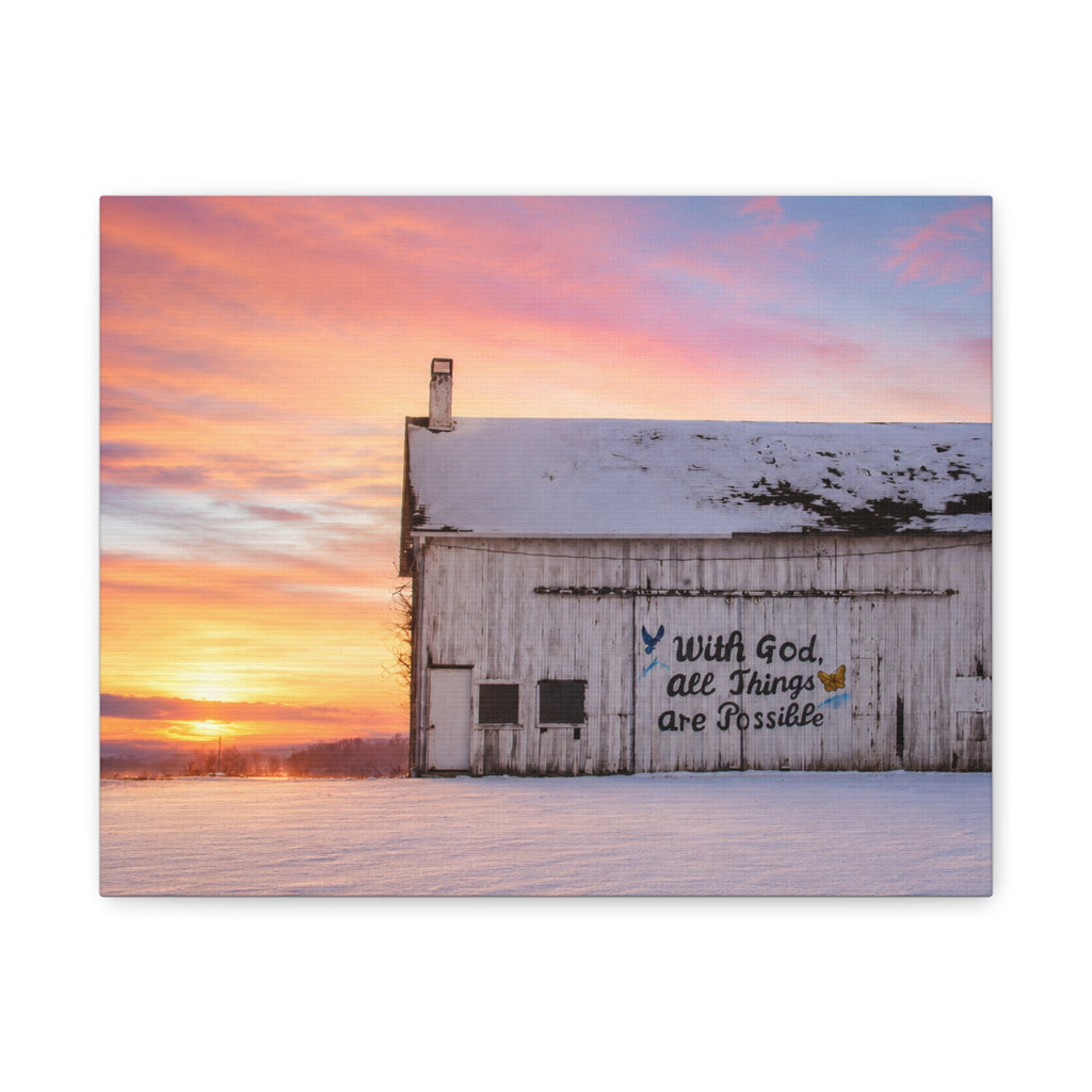 Sunrise Barn Canvas – “With God, All Things Are Possible” Stretched Wall Art