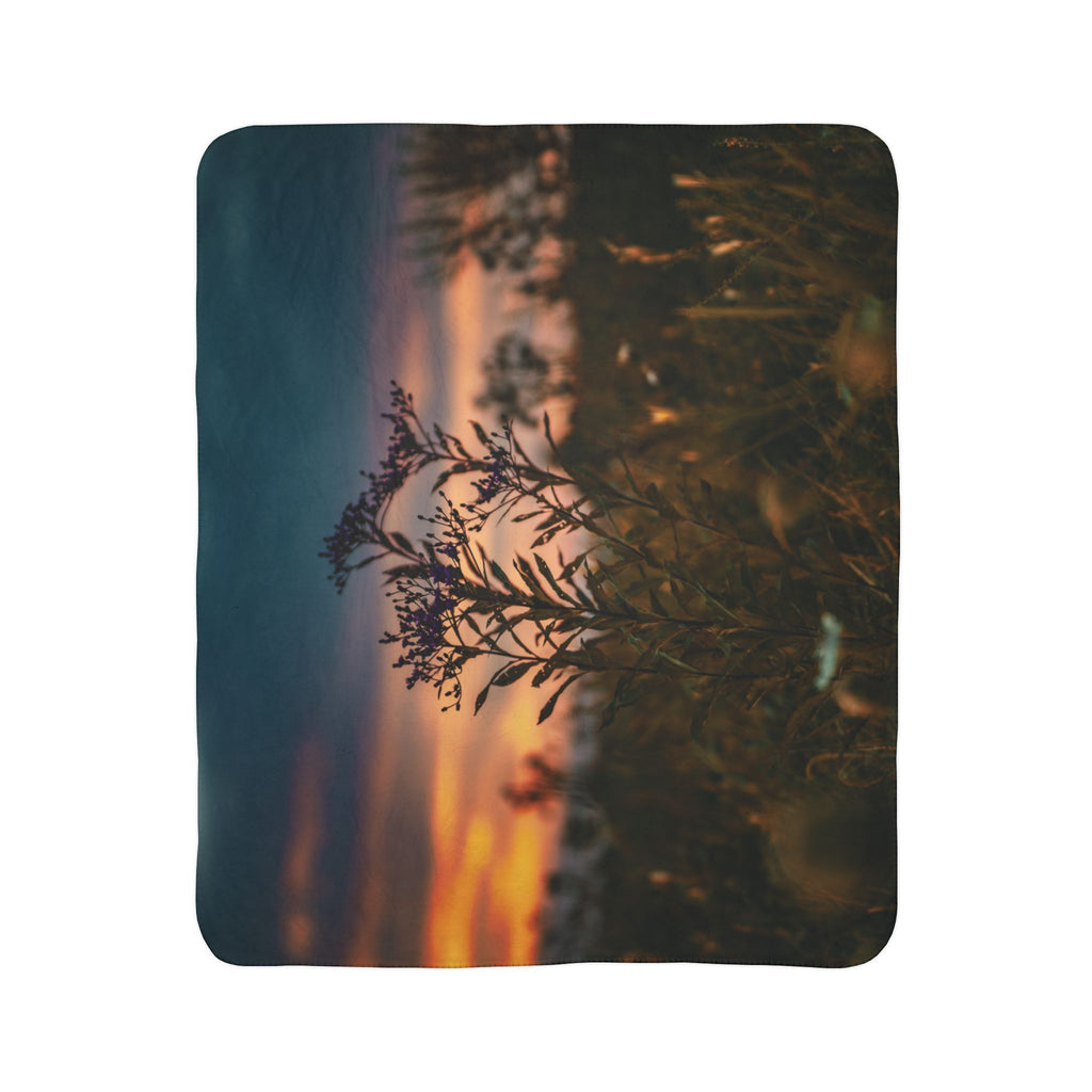 Sunset Meadow Sherpa Blanket — Cozy Fleece Throw with Nature Silhouette