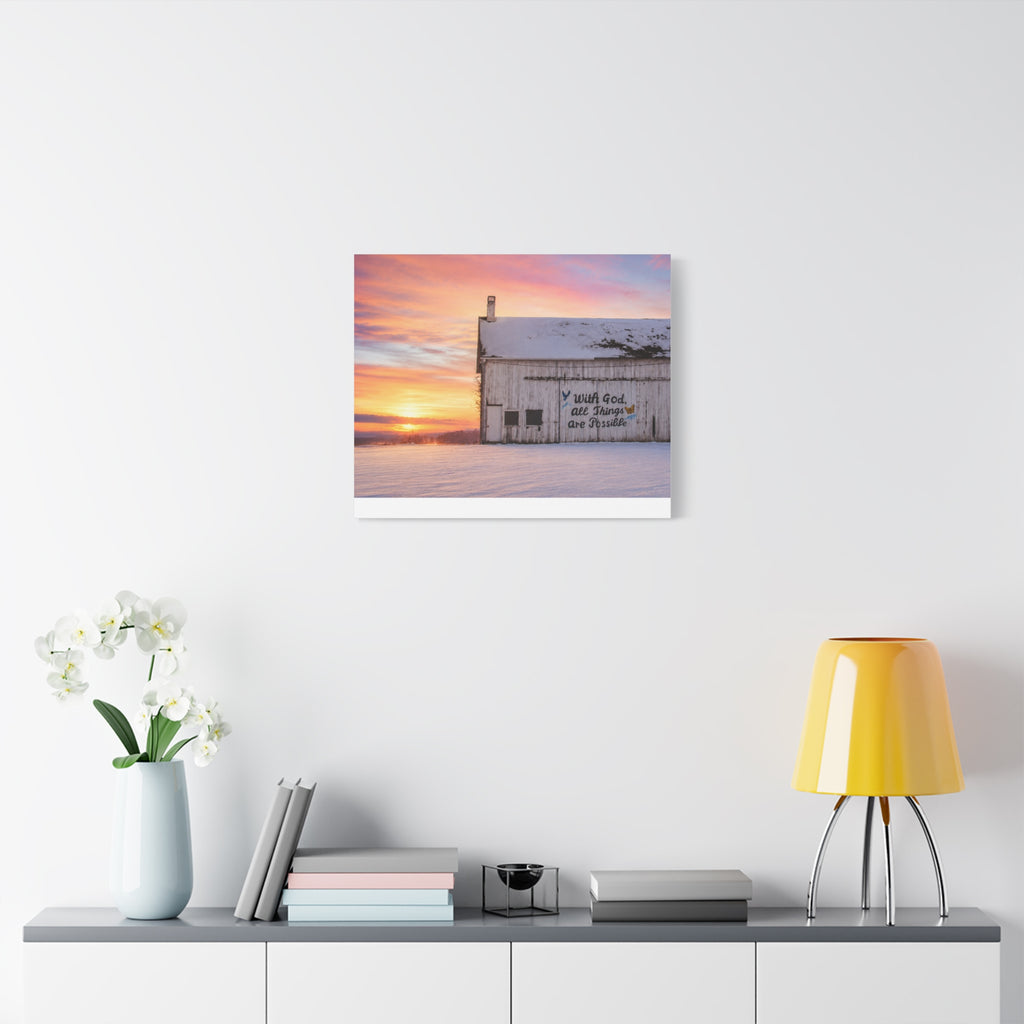 Sunrise Barn Canvas – “With God, All Things Are Possible” Stretched Wall Art