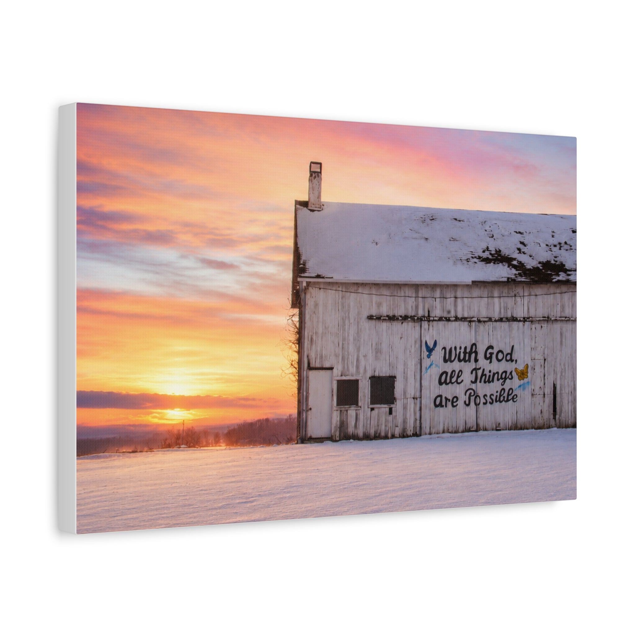 Sunrise Barn Canvas – “With God, All Things Are Possible” Stretched Wall Art