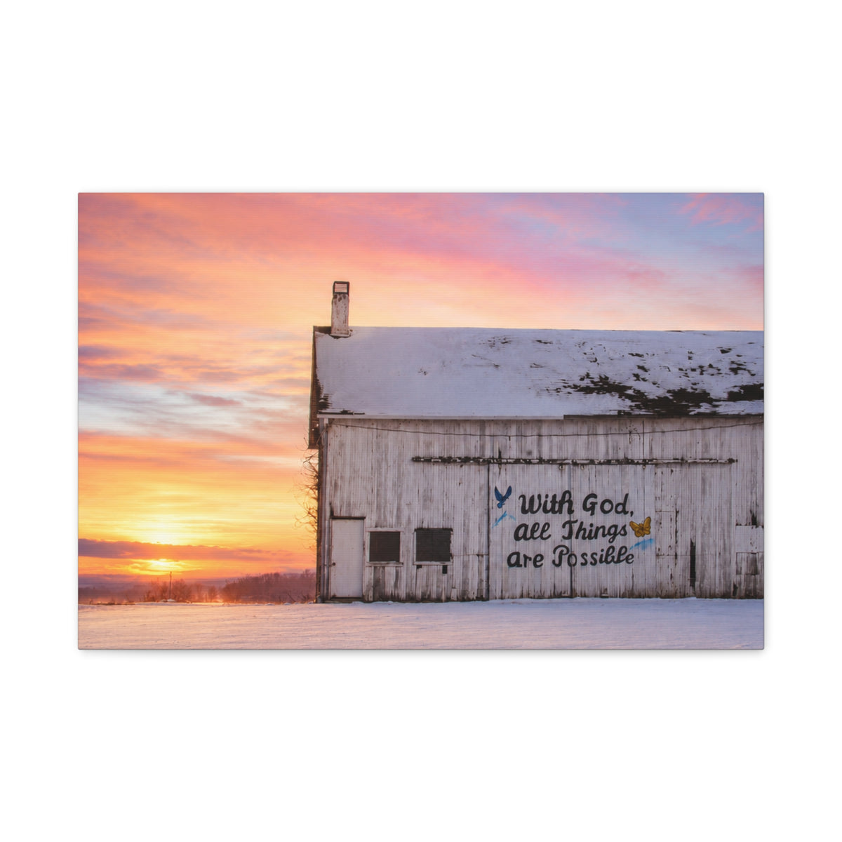 Sunrise Barn Canvas – “With God, All Things Are Possible” Stretched Wall Art