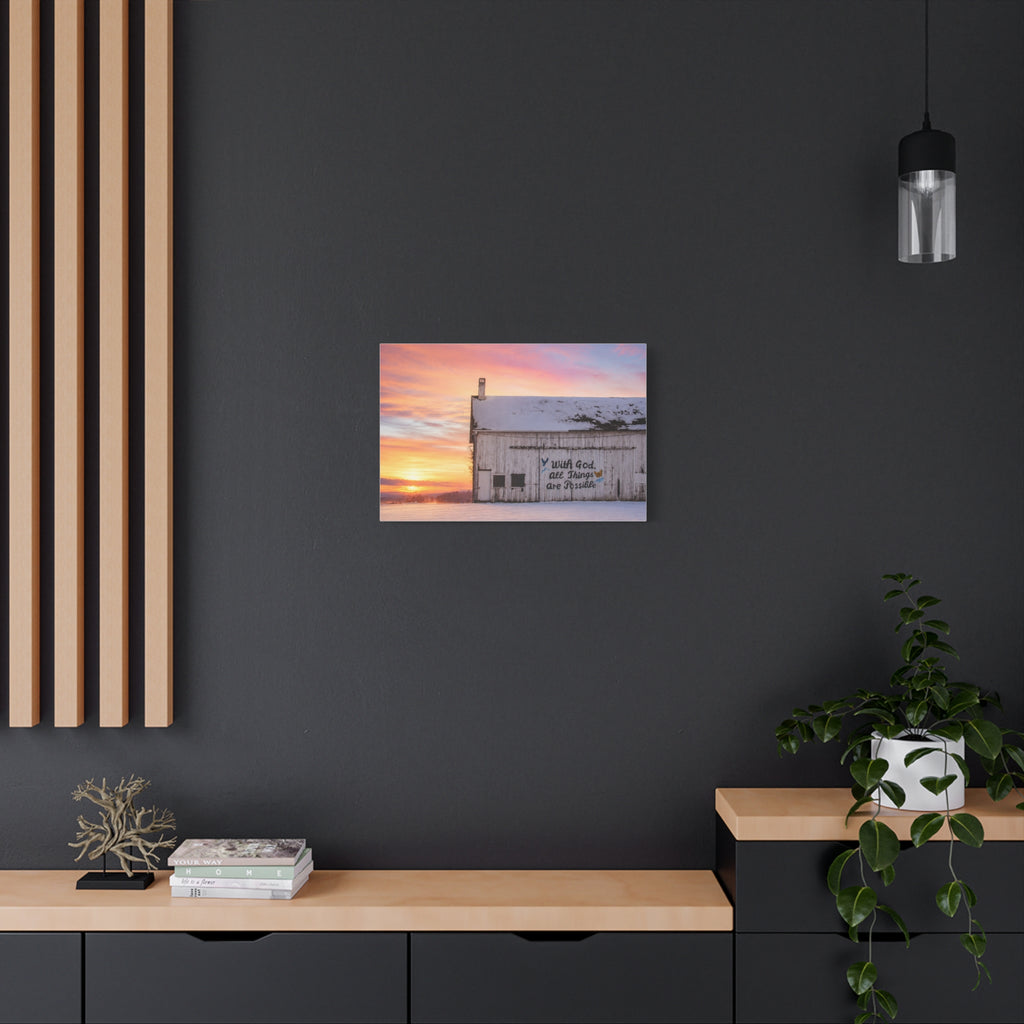 Sunrise Barn Canvas – “With God, All Things Are Possible” Stretched Wall Art