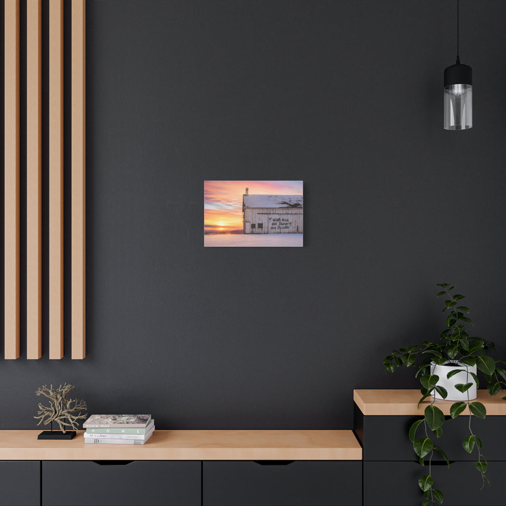Sunrise Barn Canvas – “With God, All Things Are Possible” Stretched Wall Art