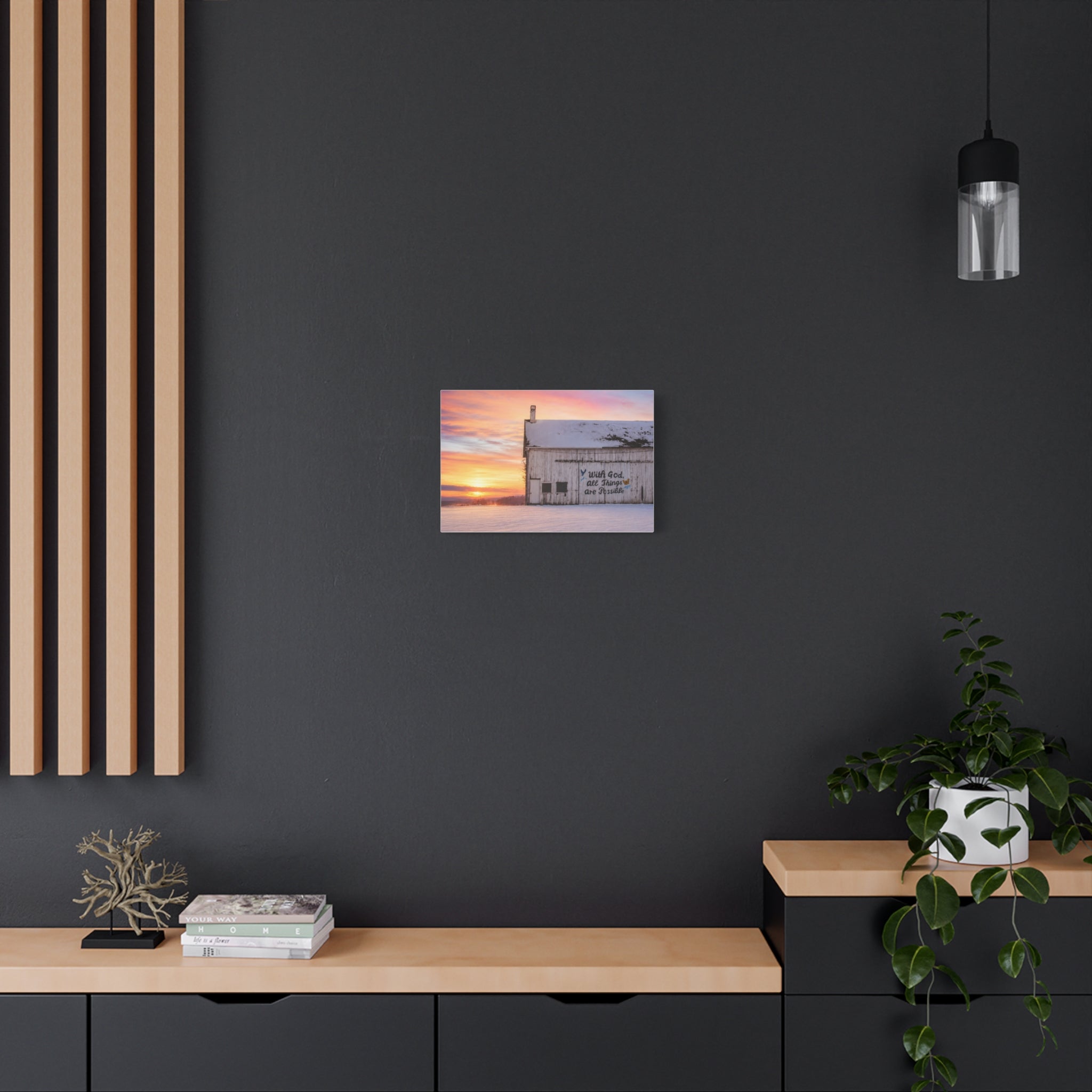Sunrise Barn Canvas – “With God, All Things Are Possible” Stretched Wall Art