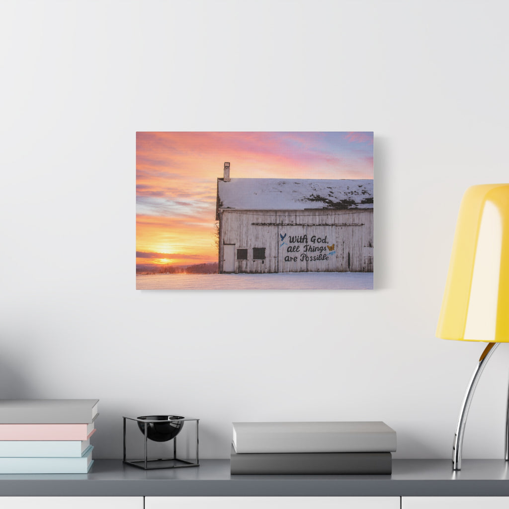 Sunrise Barn Canvas – “With God, All Things Are Possible” Stretched Wall Art