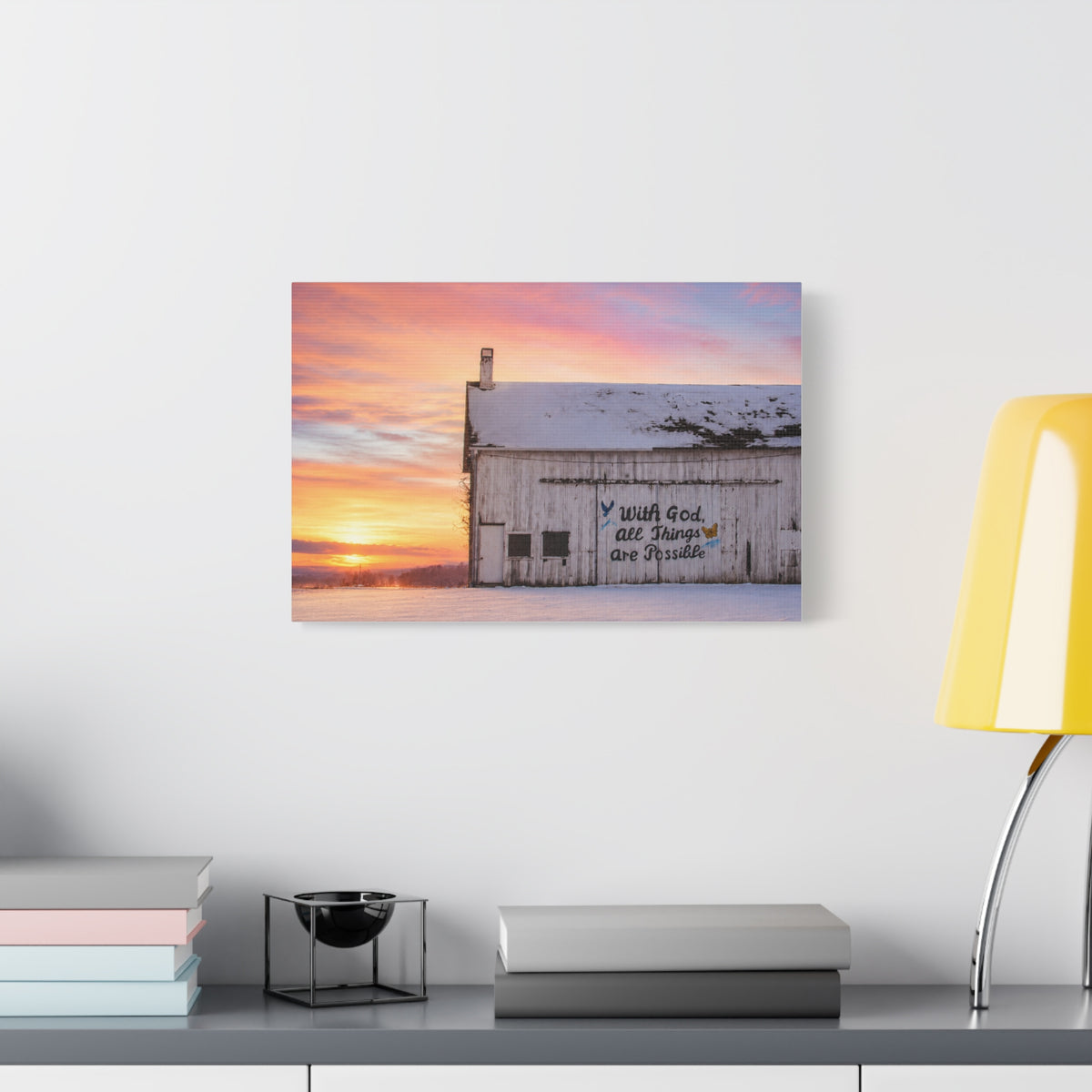 Sunrise Barn Canvas – “With God, All Things Are Possible” Stretched Wall Art