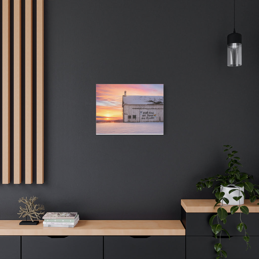 Sunrise Barn Canvas – “With God, All Things Are Possible” Stretched Wall Art