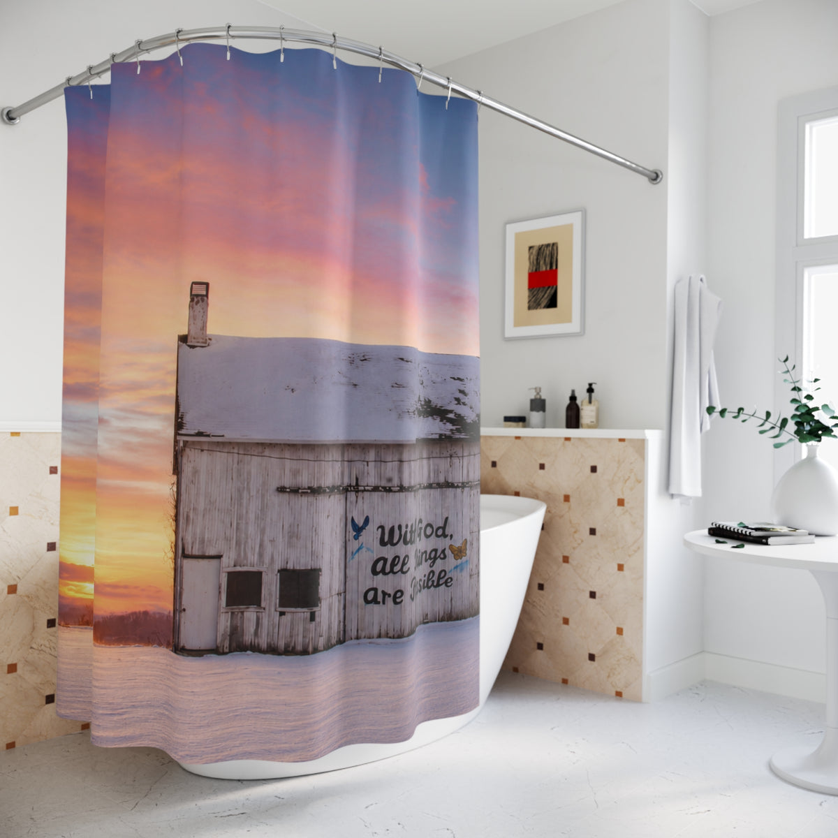 Shower Curtain — Sunrise Barn with 'With God All Things Are Possible' Christian Inspirational Design