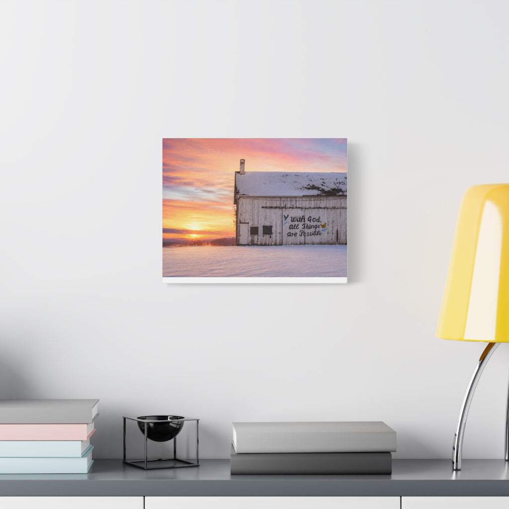 Sunrise Barn Canvas – “With God, All Things Are Possible” Stretched Wall Art