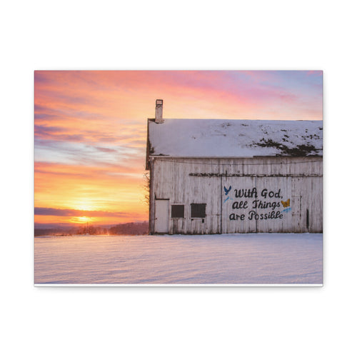 Sunrise Barn Canvas – “With God, All Things Are Possible” Stretched Wall Art