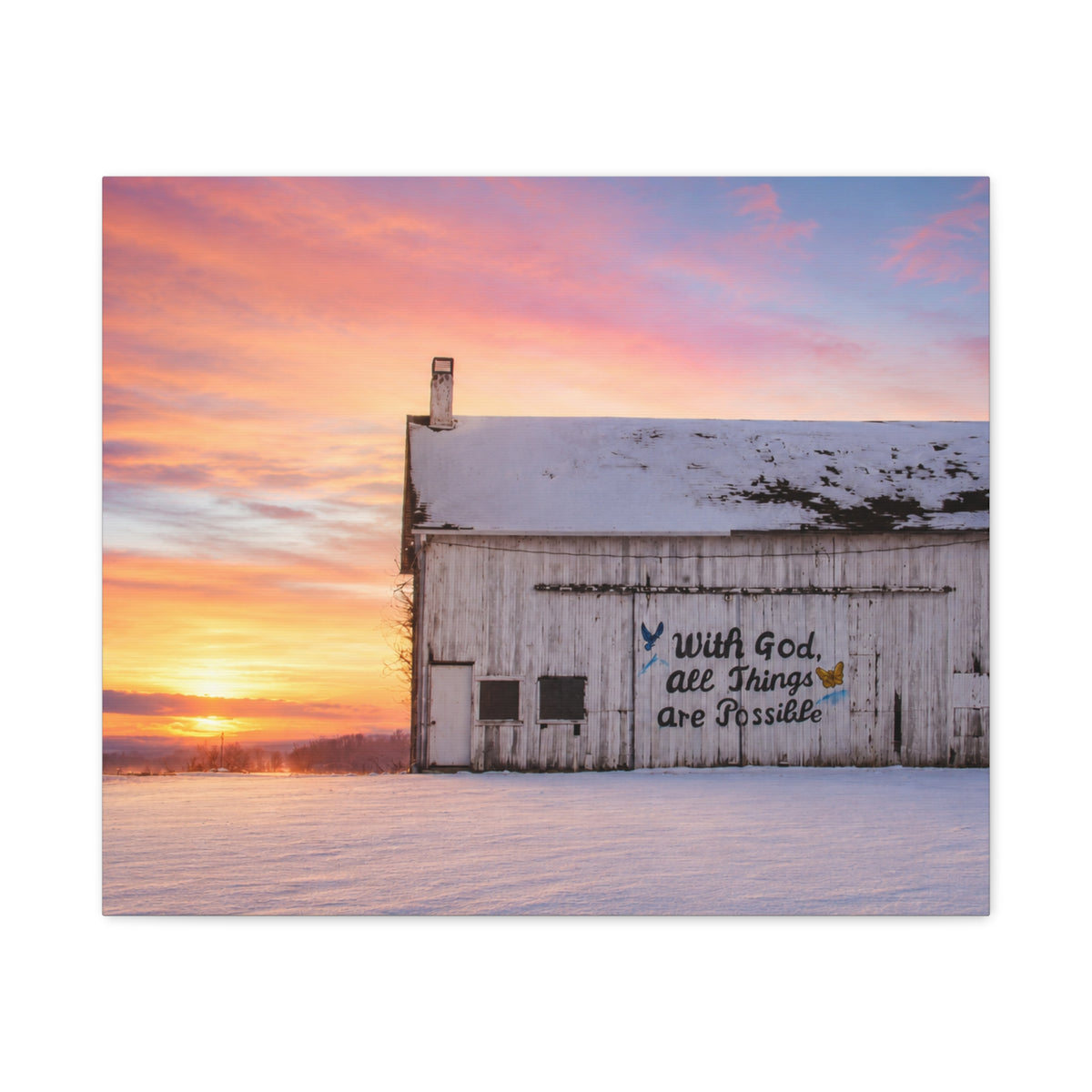 Sunrise Barn Canvas – “With God, All Things Are Possible” Stretched Wall Art