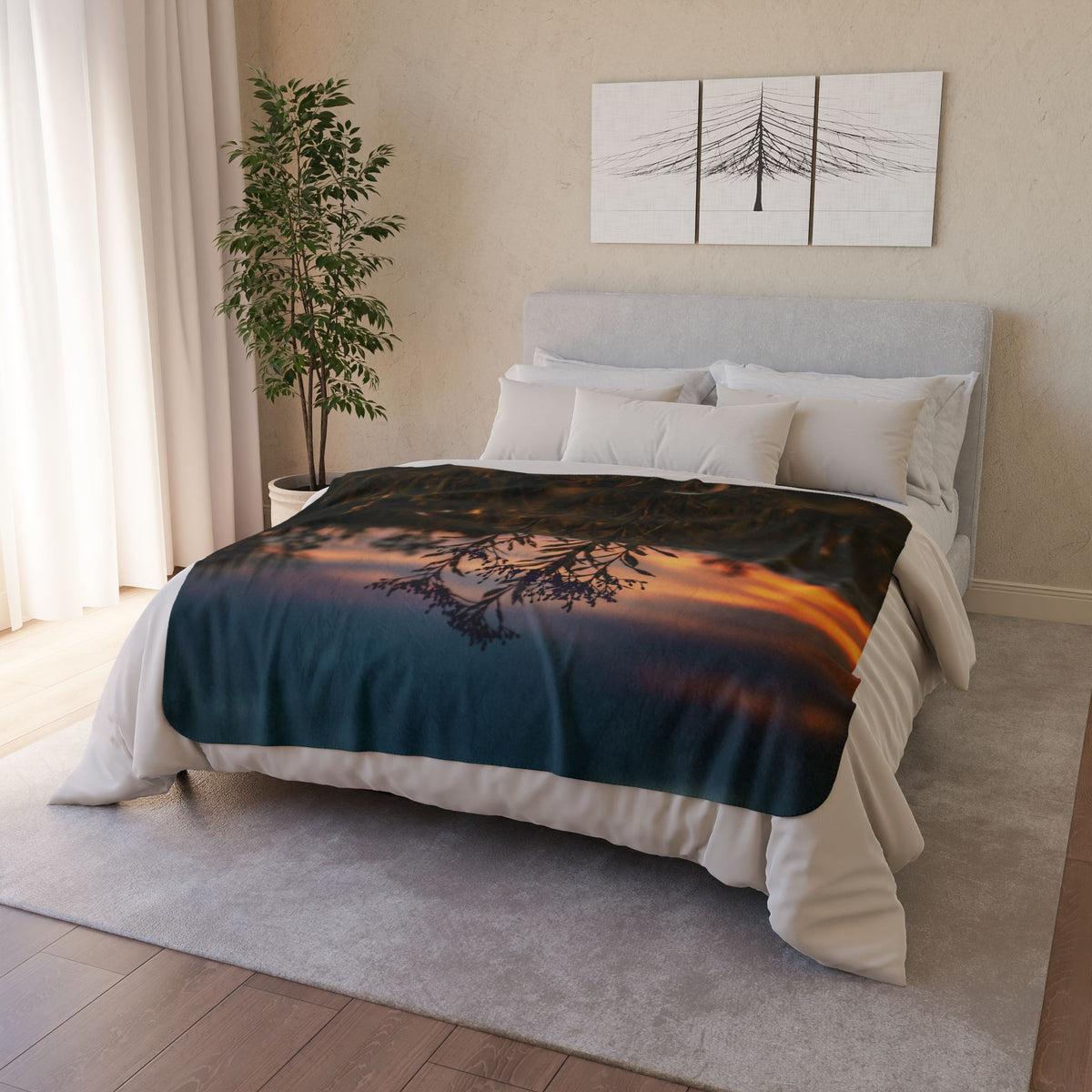 Sunset Meadow Sherpa Blanket — Cozy Fleece Throw with Nature Silhouette
