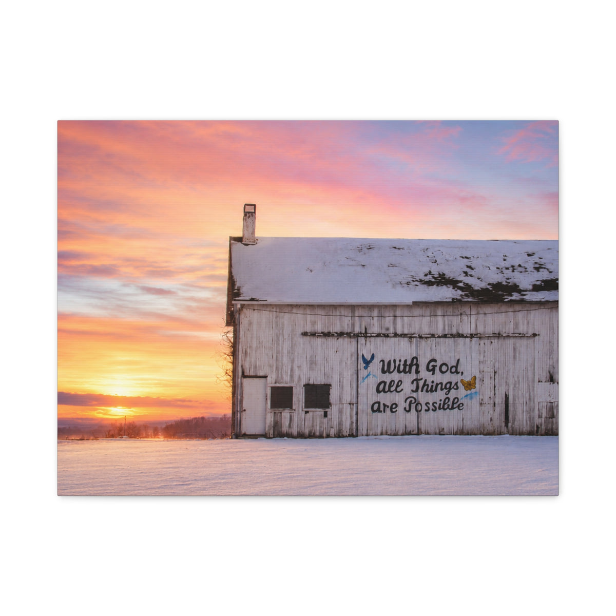 Sunrise Barn Canvas – “With God, All Things Are Possible” Stretched Wall Art